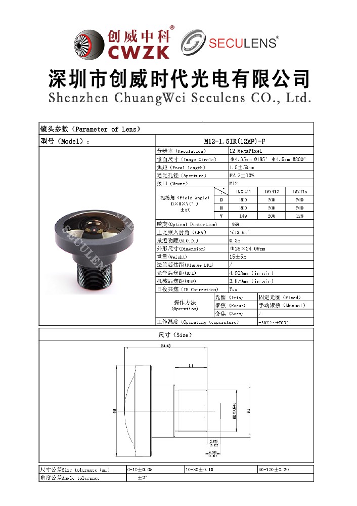 Fisheye lens 1.5mm FT15 12MP